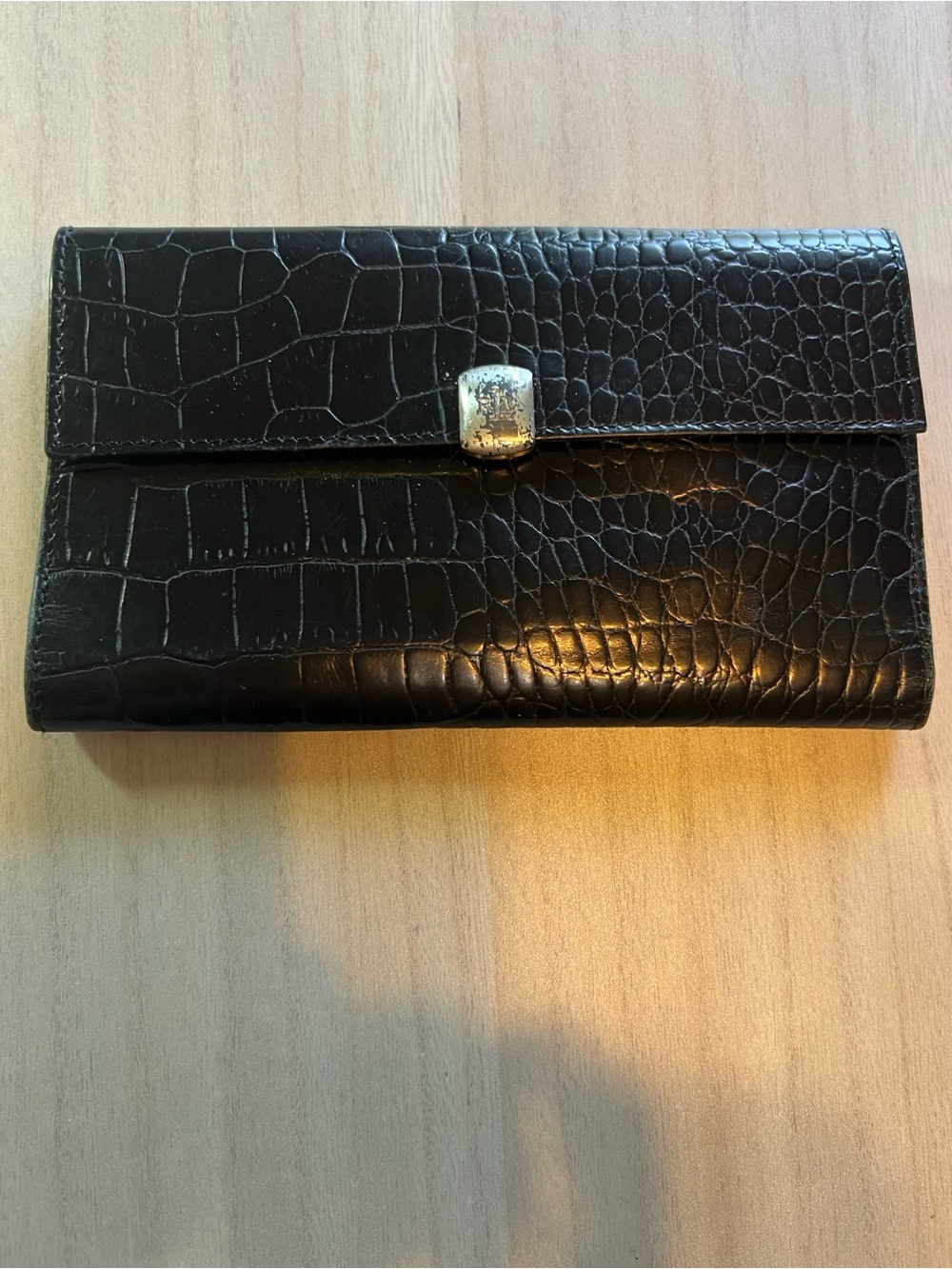 Ralph Lauren Lauren  Black Croc-Embossed Leather Wallet with Silver Snap